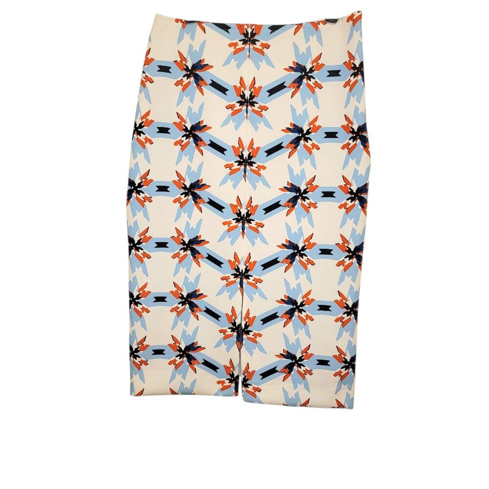 Tanya Taylor White Blue Orange Artsy Abstract Pinwheel Bundy Pencil Skirt Sz 6